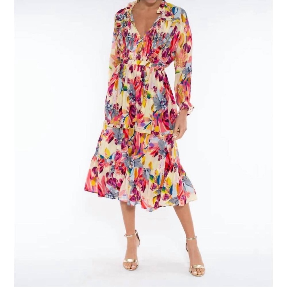 TAJ by Sabrina Crippa Baxeda Dress Fig & Florals Embroidered Tiered Sz Medium